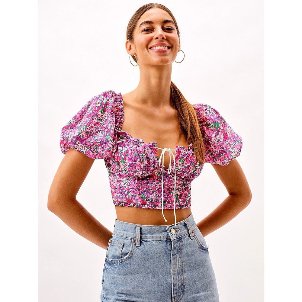 For Love & Lemons Katarina Puff Sleeve Corset Top Womens XS Pink Floral Smocked